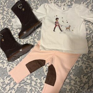 Girls' JANIE & JACK White and Pink Outfit with Brown EQUESTRIAN Boots